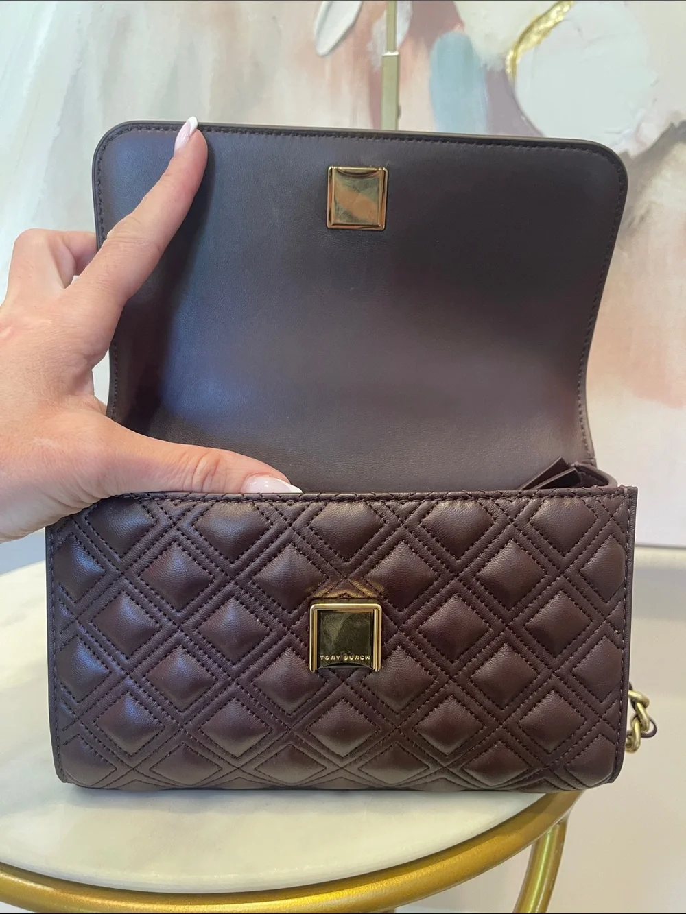 NWOT Tory Burch Quilted Fleming Shoulder Bag in Deep Wine Color with Gold Chain